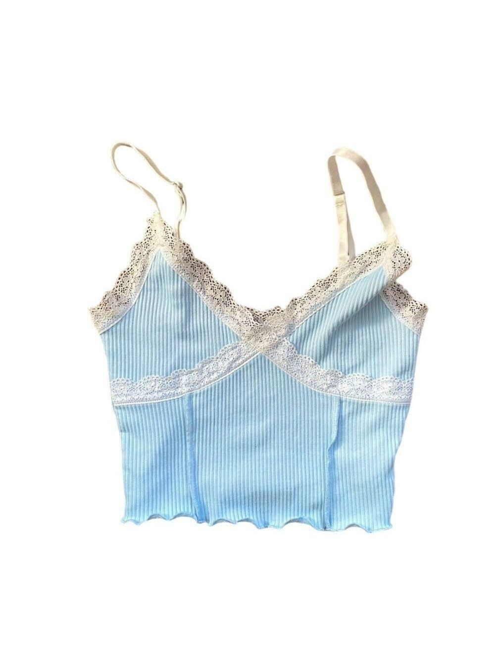 2/$10 Divided Light Blue with Off-White Lace Trim Cropped Tank Size XS